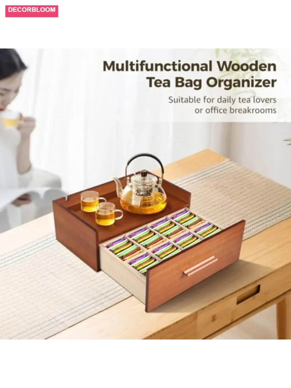 Wooden Tea Bag Organizer with 8 Compartments & Removable Dividers, Countertop